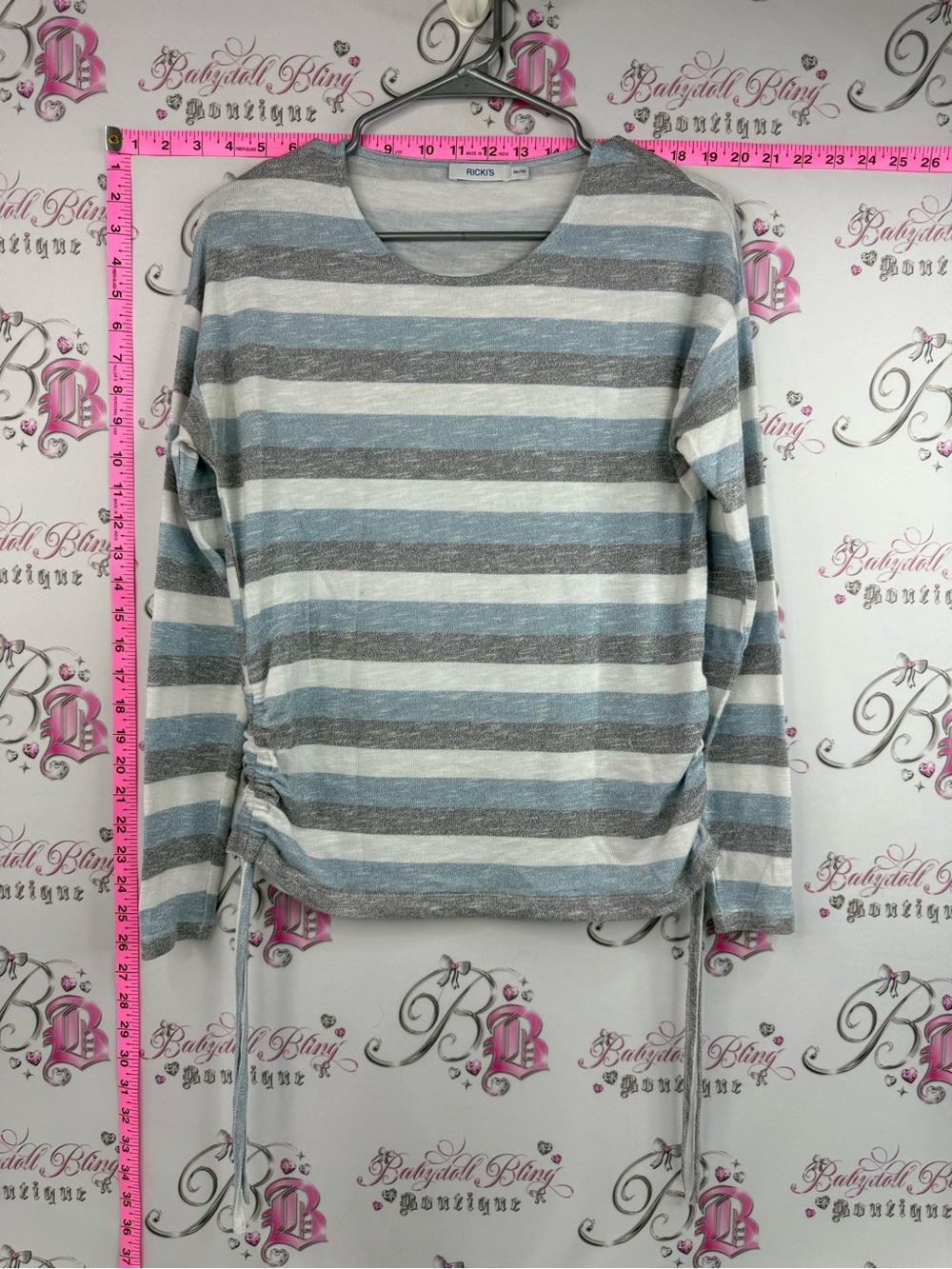 Ricki's shirt Striped Side-Tie Long Sleeve Top in Light Blue, Gray and Cream